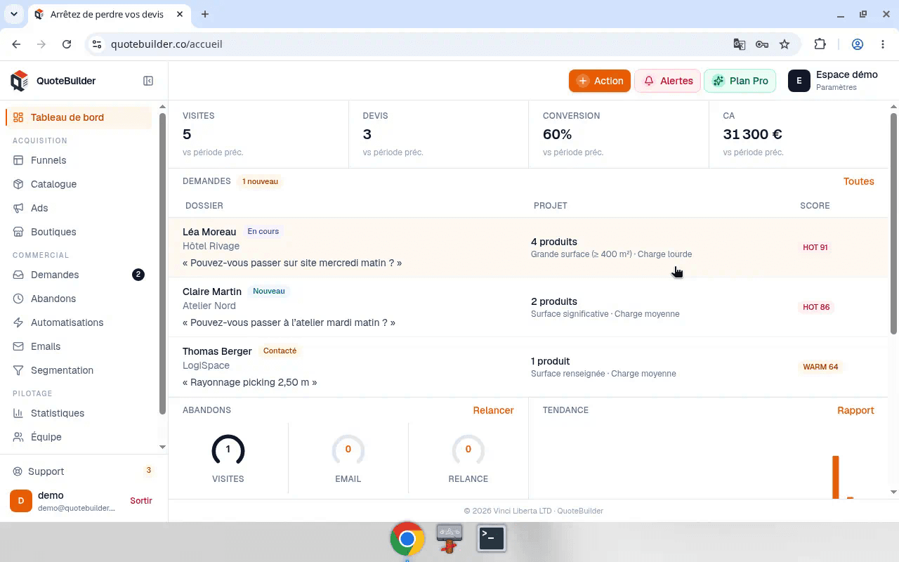 Accueil QuoteBuilder, KPIs et demandes scorées