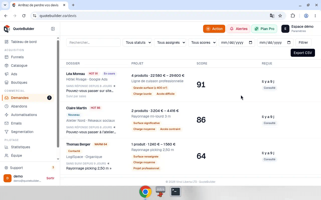 Liste des demandes devis avec scores