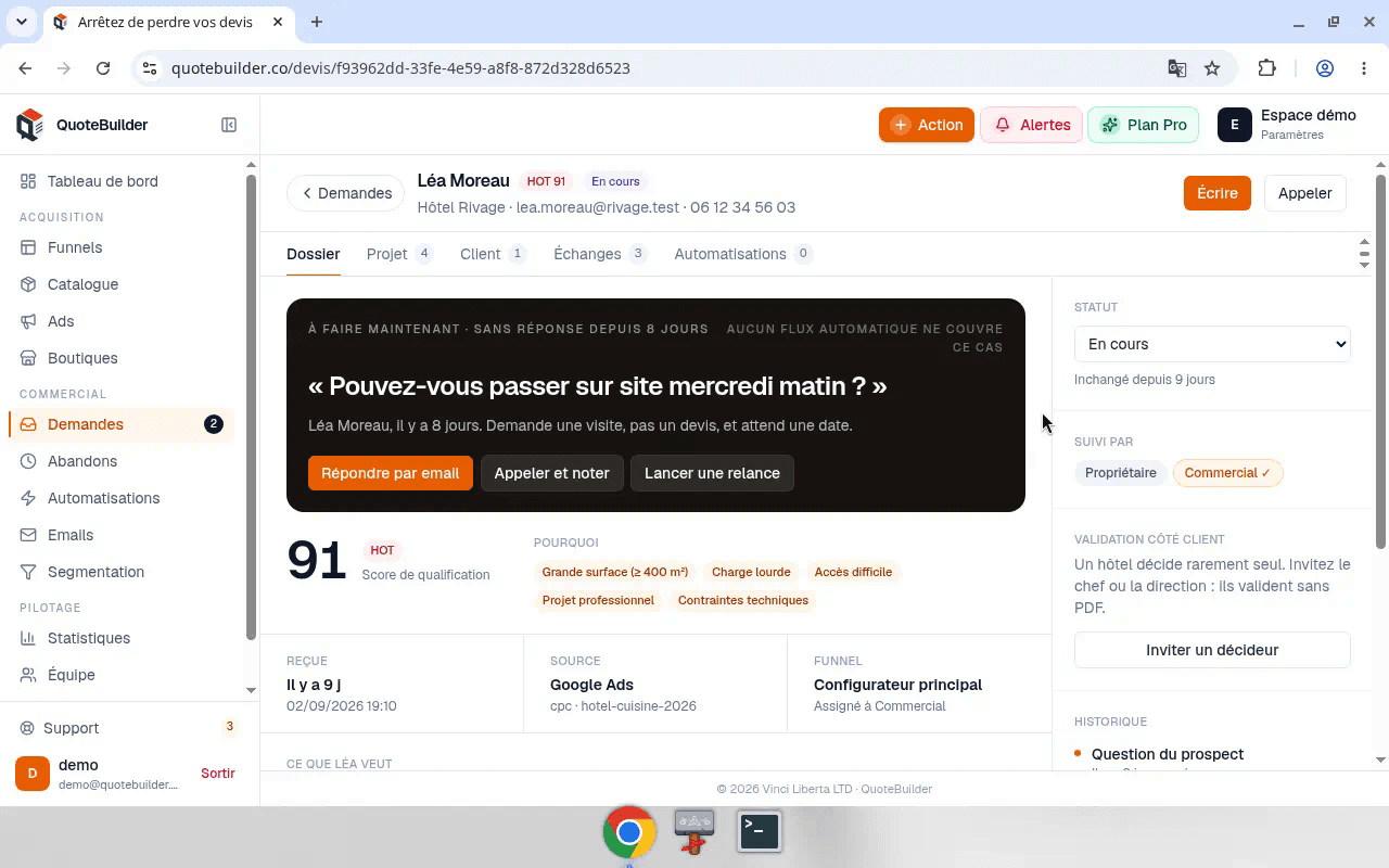 Dossier devis détail, score et actions